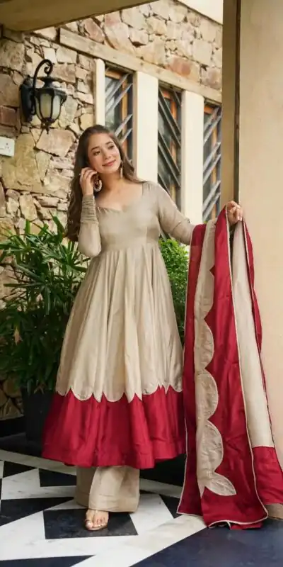 AD 249 Off White Roman Silk Gown with Mirror Work & Embroidery Work. Special Price ₹2999. Delivery 4-6 Working Days. Shop now. | Bollywood Gowns, Creative Gowns, Designer Gowns, Embroidered Gowns, Gowns, Party Wear Gowns