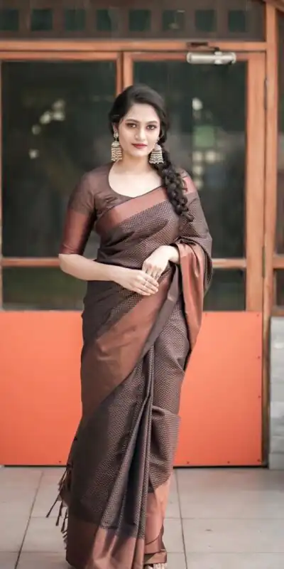 KP 3094 Brown Soft Lichi Jacquard Work Saree for Wedding, Party, Cultural Events, Traditional Day, Pooja . Grab it for ₹1549. Delivery 4-6 Working Day | Creative Sarees, Bollywood Sarees, Designer Sarees, Embroidered Sarees, Ethnic Saree, Modern Digital sarees, Party Wear Sarees, Sarees