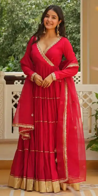 LG 2154 Red Georgette Digital Print Work Gown for Wedding, Party, Cultural Events, Traditional Day, Pooja . Grab it for ₹2399. Delivery 4-6 Working Day | Bollywood Gowns, Creative Gowns, Designer Gowns, Embroidered Gowns, Gowns, Party Wear Gowns