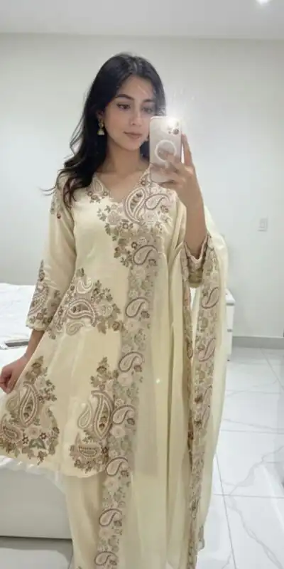 BE 449 Cream in Wine Fendy Silk Embroidery Work & Sequins Work Salwar Suit . Now at just ₹2449. Delivery 4-6 Working Days. Shop now. | Casual Suits, Jump Suits, Creative suits, Designer Suits, Palazzo Suits, Party Wear Suits, Patiala Suits, Salwar suit, Straight Suits