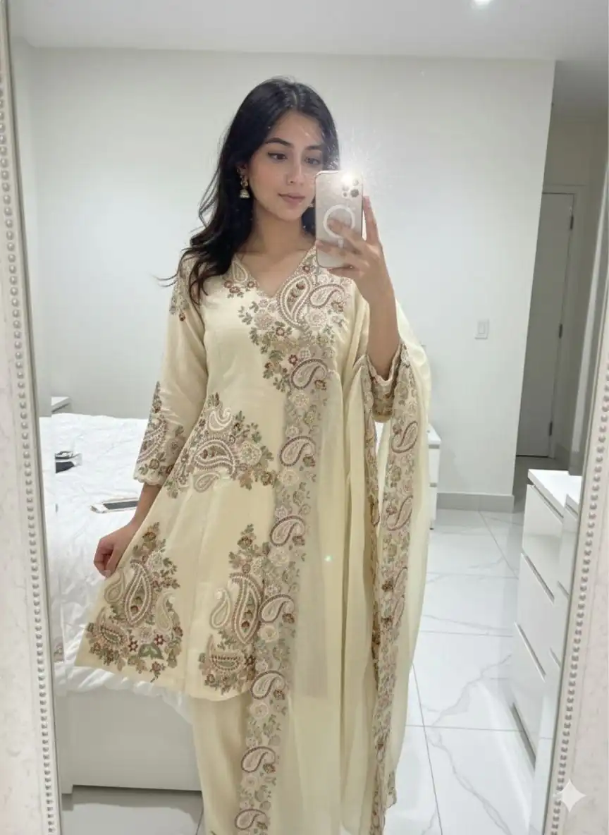 BE 449 Cream in Wine Fendy Silk Embroidery Work & Sequins Work Salwar Suit . Now at just ₹2449. Delivery 4-6 Working Days. Shop now. | Casual Suits, Jump Suits, Creative suits, Designer Suits, Palazzo Suits, Party Wear Suits, Patiala Suits, Salwar suit, Straight Suits