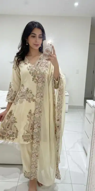 BE 449 Cream in Wine Fendy Silk Embroidery Work & Sequins Work Salwar Suit . Now at just ₹2449. Delivery 4-6 Working Days. Shop now. | Casual Suits, Jump Suits, Creative suits, Designer Suits, Palazzo Suits, Party Wear Suits, Patiala Suits, Salwar suit, Straight Suits