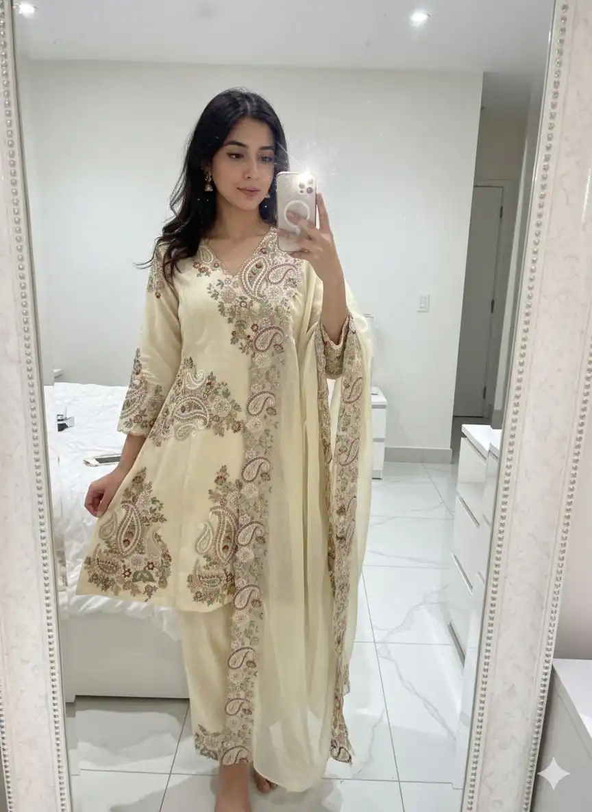 BE 449 Cream in Wine Fendy Silk Embroidery Work & Sequins Work Salwar Suit . Now at just ₹2449. Delivery 4-6 Working Days. Shop now. | Casual Suits, Jump Suits, Creative suits, Designer Suits, Palazzo Suits, Party Wear Suits, Patiala Suits, Salwar suit, Straight Suits