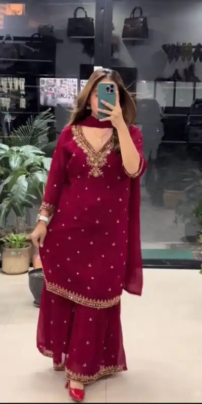 DB 21 Maroon Faux Georgette Salwar Suit with Mirror Work & Embroidery Work. Get it for ₹2049. Delivery 4-6 Working Days. Shop now. | Casual Suits, Jump Suits, Creative suits, Designer Suits, Palazzo Suits, Party Wear Suits, Patiala Suits, Salwar suit, Straight Suits