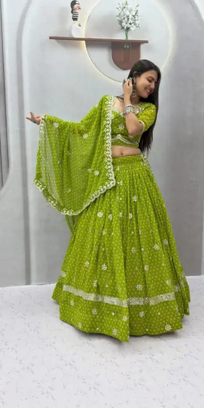 PC 602 Parrot Green Faux Georgette Lehenga Choli with Embroidery Work & Lace Work. Special Price ₹3149. Delivery 4-6 Working Days. Shop now. | Bollywood Lehenga, Creative Lehenga, Designer Lehenga, Embroidered Lehenga, Lehenga, Party Wear Lehenga