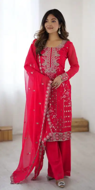 SP 37 Pink Faux Georgette Salwar Suit with Mirror Work & Embroidery Work. Get it for ₹1999. Delivery 4-6 Working Days. Shop now. | Casual Suits, Jump Suits, Creative suits, Designer Suits, Palazzo Suits, Party Wear Suits, Patiala Suits, Salwar suit, Straight Suits