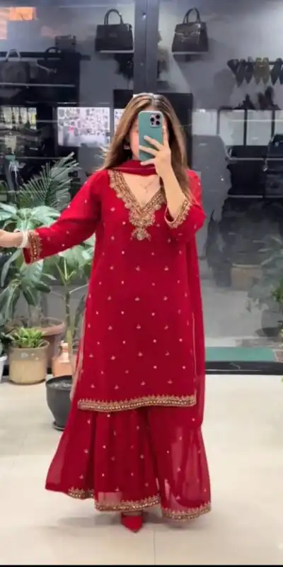 DB 21 Red Faux Georgette Salwar Suit with Mirror Work & Embroidery Work. Get it for ₹2049. Delivery 4-6 Working Days. Shop now. | Casual Suits, Jump Suits, Creative suits, Designer Suits, Palazzo Suits, Party Wear Suits, Patiala Suits, Salwar suit, Straight Suits
