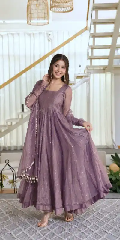 KD 1641 Lavender in Salsa Silk Embroidery Work & Sequins Work Gown . Get it for ₹2899. Delivery 4-6 Working Days. Online Shop now. | Bollywood Gowns, Creative Gowns, Designer Gowns, Embroidered Gowns, Gowns, Party Wear Gowns
