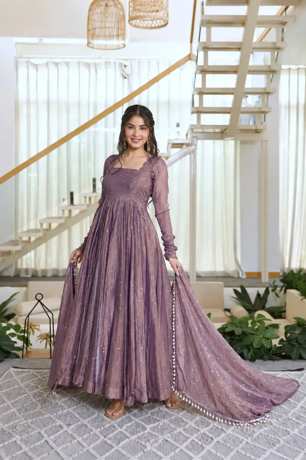 KD 1641 Lavender in Salsa Silk Embroidery Work & Sequins Work Gown . Get it for ₹2899. Delivery 4-6 Working Days. Online Shop now. | Bollywood Gowns, Creative Gowns, Designer Gowns, Embroidered Gowns, Gowns, Party Wear Gowns
