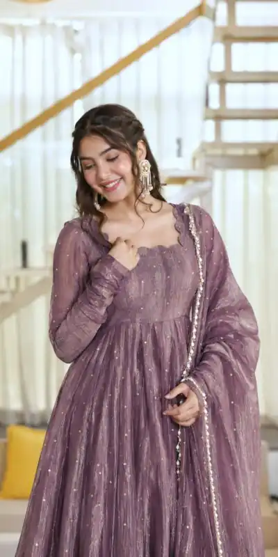 KD 1641 Lavender in Salsa Silk Embroidery Work & Sequins Work Gown . Get it for ₹2899. Delivery 4-6 Working Days. Online Shop now. | Bollywood Gowns, Creative Gowns, Designer Gowns, Embroidered Gowns, Gowns, Party Wear Gowns