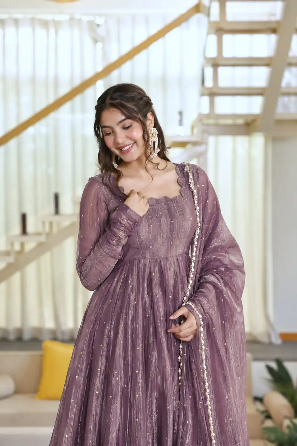 KD 1641 Lavender in Salsa Silk Embroidery Work & Sequins Work Gown . Get it for ₹2899. Delivery 4-6 Working Days. Online Shop now. | Bollywood Gowns, Creative Gowns, Designer Gowns, Embroidered Gowns, Gowns, Party Wear Gowns