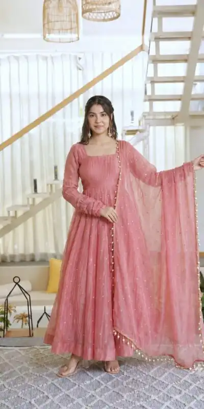 KD 1641 Peach in Salsa Silk Embroidery Work & Sequins Work Gown . Get it for ₹2899. Delivery 4-6 Working Days. Online Shop now. | Bollywood Gowns, Creative Gowns, Designer Gowns, Embroidered Gowns, Gowns, Party Wear Gowns