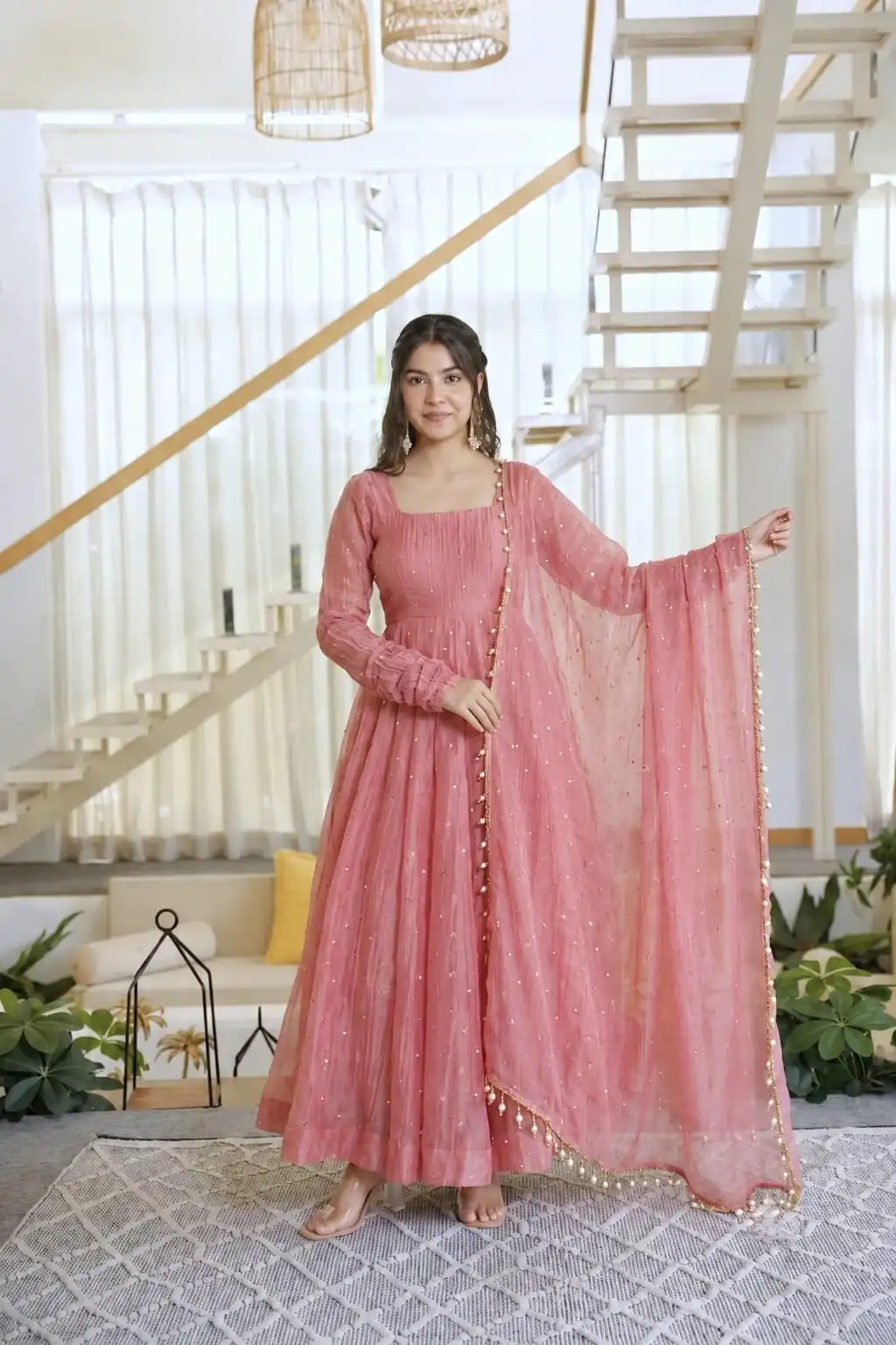 KD 1641 Peach in Salsa Silk Embroidery Work & Sequins Work Gown . Get it for ₹2899. Delivery 4-6 Working Days. Online Shop now. | Bollywood Gowns, Creative Gowns, Designer Gowns, Embroidered Gowns, Gowns, Party Wear Gowns