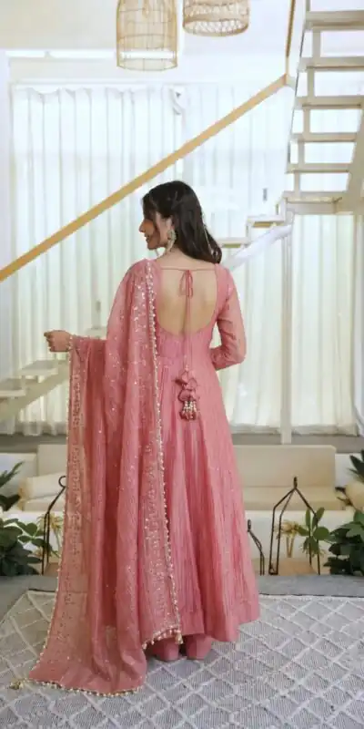 KD 1641 Peach in Salsa Silk Embroidery Work & Sequins Work Gown . Get it for ₹2899. Delivery 4-6 Working Days. Online Shop now. | Bollywood Gowns, Creative Gowns, Designer Gowns, Embroidered Gowns, Gowns, Party Wear Gowns