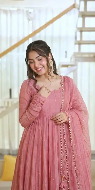 KD 1641 Peach in Salsa Silk Embroidery Work & Sequins Work Gown . Get it for ₹2899. Delivery 4-6 Working Days. Online Shop now. | Bollywood Gowns, Creative Gowns, Designer Gowns, Embroidered Gowns, Gowns, Party Wear Gowns