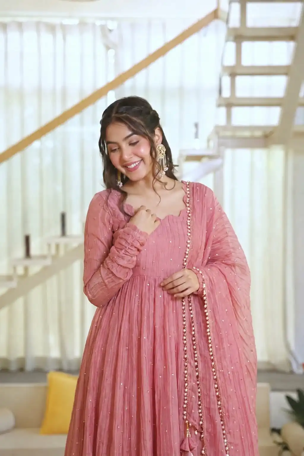 KD 1641 Peach in Salsa Silk Embroidery Work & Sequins Work Gown . Get it for ₹2899. Delivery 4-6 Working Days. Online Shop now. | Bollywood Gowns, Creative Gowns, Designer Gowns, Embroidered Gowns, Gowns, Party Wear Gowns