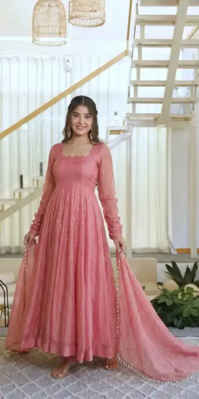 KD 1641 Peach in Salsa Silk Embroidery Work & Sequins Work Gown . Get it for ₹2899. Delivery 4-6 Working Days. Online Shop now. | Bollywood Gowns, Creative Gowns, Designer Gowns, Embroidered Gowns, Gowns, Party Wear Gowns
