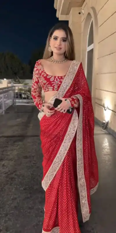 KD 626 Red in Faux Georgette Zari Work & Embroidery Work Saree. Special Price ₹2349. Delivery 4-6 Working Days. Shop now. | Creative Sarees, Bollywood Sarees, Designer Sarees, Embroidered Sarees, Ethnic Saree, Modern Digital sarees, Party Wear Sarees, Sarees