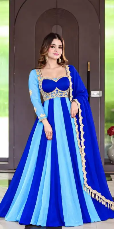 ND 5072 Blue Fendy Silk Gown with Embroidery Work & Sequins Work. Special Price ₹2849. Delivery 4-6 Working Days. Shop now. | Bollywood Gowns, Creative Gowns, Designer Gowns, Embroidered Gowns, Gowns, Party Wear Gowns