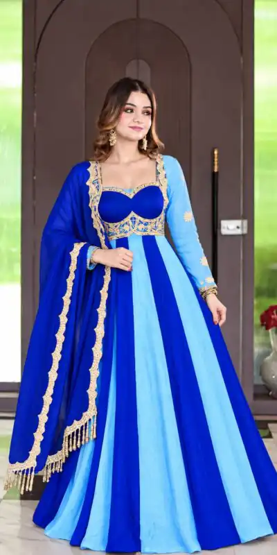 ND 5072 Blue Fendy Silk Gown with Embroidery Work & Sequins Work. Special Price ₹2849. Delivery 4-6 Working Days. Shop now. | Bollywood Gowns, Creative Gowns, Designer Gowns, Embroidered Gowns, Gowns, Party Wear Gowns