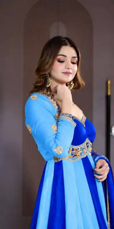 ND 5072 Blue Fendy Silk Gown with Embroidery Work & Sequins Work. Special Price ₹2849. Delivery 4-6 Working Days. Shop now. | Bollywood Gowns, Creative Gowns, Designer Gowns, Embroidered Gowns, Gowns, Party Wear Gowns