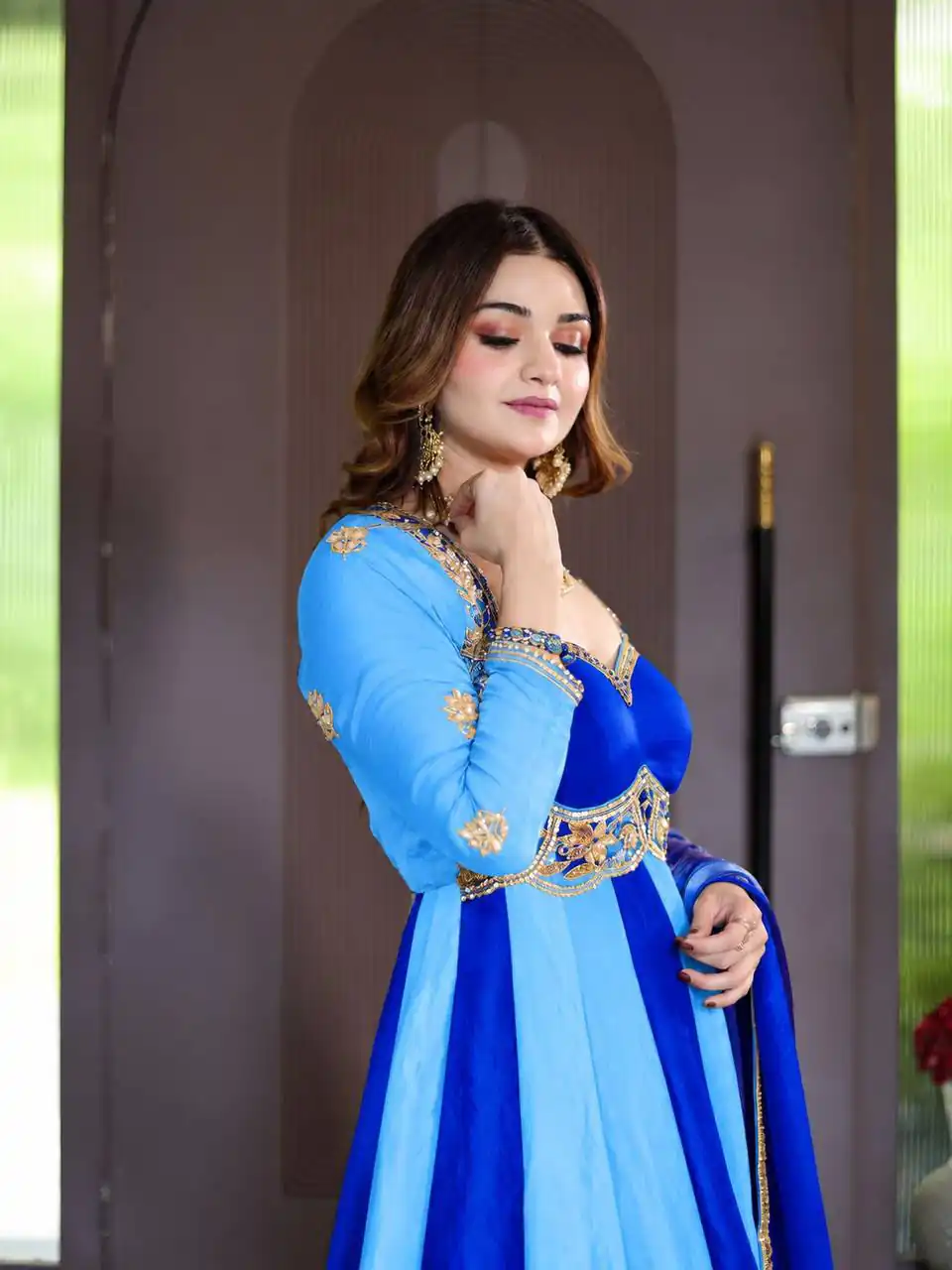 ND 5072 Blue Fendy Silk Gown with Embroidery Work & Sequins Work. Special Price ₹2849. Delivery 4-6 Working Days. Shop now. | Bollywood Gowns, Creative Gowns, Designer Gowns, Embroidered Gowns, Gowns, Party Wear Gowns