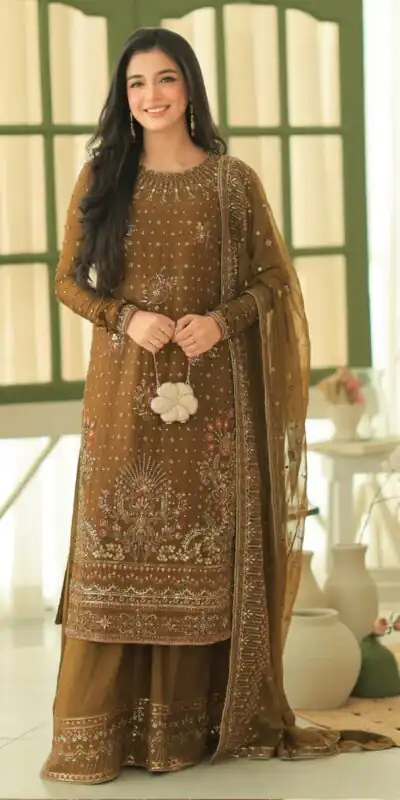 LG 2159 Brown Faux Georgette Salwar Suit with Lace Work & Digital Print. Introductory Price ₹2399. Delivery 4-6 Working Days. Shop now. | Casual Suits, Jump Suits, Creative suits, Designer Suits, Palazzo Suits, Party Wear Suits, Patiala Suits, Salwar suit, Straight Suits