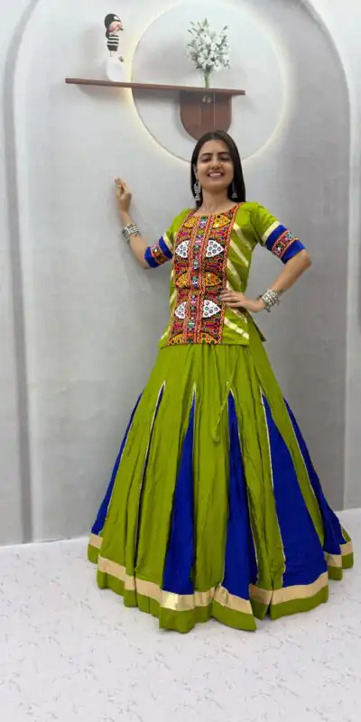 PC 584 Parrot Green in Pure Cotton Mirror Work & Gamthi Work Lehenga Choli . Exclusive Offer ₹2249. Delivery 4-6 Working Days. Shop now. | Bollywood Lehenga, Creative Lehenga, Designer Lehenga, Embroidered Lehenga, Lehenga, Party Wear Lehenga