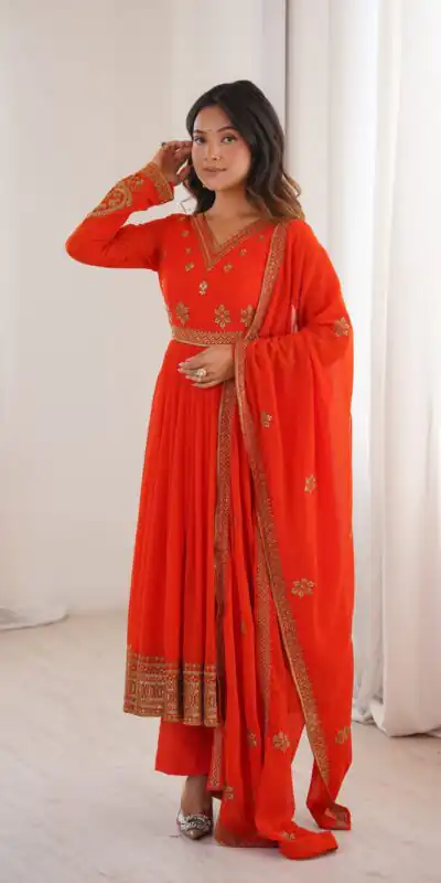 SP 104 Red| Faux Georgette Salwar Suit with Lace Work & Digital Print. Introductory Price ₹2799. Delivery 4-6 Working Days. Shop now. | Anarkali Suits, Bollywood Anarkali, Creative-Anarkali, Designer Anarkali, Embroidered Anarkali, Party Wear Anarkali