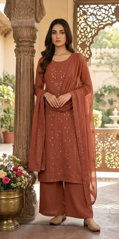 BE 519 Rust Faux Georgette Salwar Suit with Lace Work & Digital Print. Introductory Price ₹2149. Delivery 4-6 Working Days. Shop now. | Casual Suits, Jump Suits, Creative suits, Designer Suits, Palazzo Suits, Party Wear Suits, Patiala Suits, Salwar suit, Straight Suits
