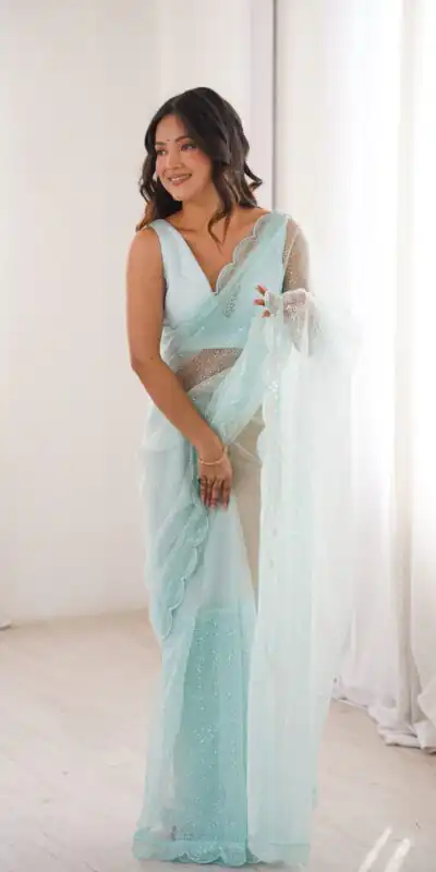 SP 90 Sky Blue Soft Net Saree with Sequins Work & Embroidery Work. Available at ₹2299 only. Delivery 4-6 Working Days. Shop now. | Creative Sarees, Bollywood Sarees, Designer Sarees, Embroidered Sarees, Ethnic Saree, Modern Digital sarees, Party Wear Sarees, Sarees