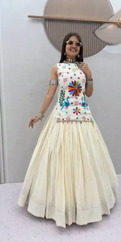 PC 594 White Khadi Cotton Lehenga Choli with Bandhej Print & Mirror Work. Festive Deal ₹2799. Delivery 4-6 Working Days. Shop now. | Bollywood Lehenga, Creative Lehenga, Designer Lehenga, Embroidered Lehenga, Lehenga, Party Wear Lehenga