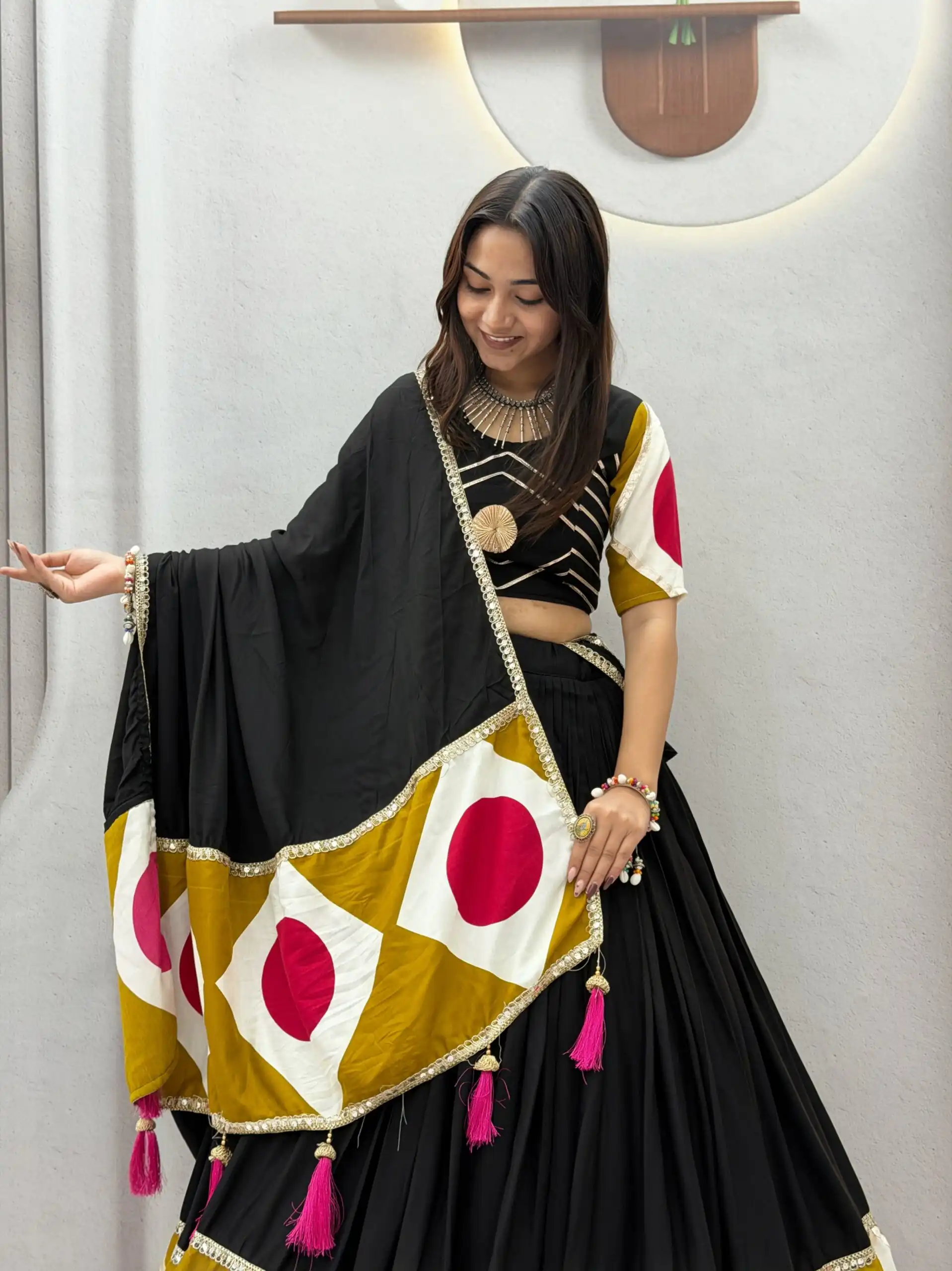 Ram 194 Blackl in Pure Cotton Mirror Work & Gamthi Work Lehenga Choli . Exclusive Offer ₹3149. Delivery 4-6 Working Days. Shop now. | Bollywood Lehenga, Creative Lehenga, Designer Lehenga, Embroidered Lehenga, Lehenga, Party Wear Lehenga