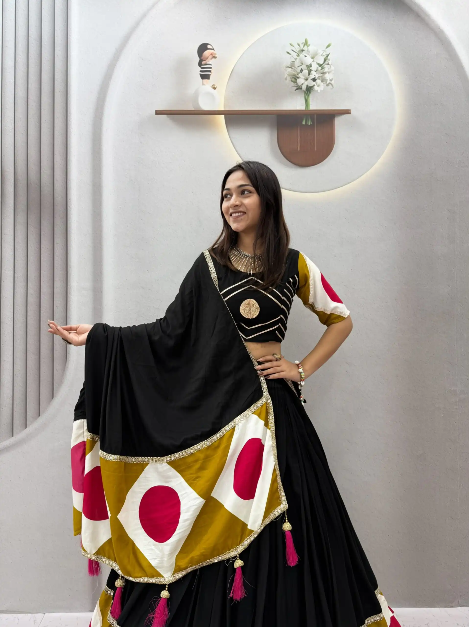 Ram 194 Blackl in Pure Cotton Mirror Work & Gamthi Work Lehenga Choli . Exclusive Offer ₹3149. Delivery 4-6 Working Days. Shop now. | Bollywood Lehenga, Creative Lehenga, Designer Lehenga, Embroidered Lehenga, Lehenga, Party Wear Lehenga