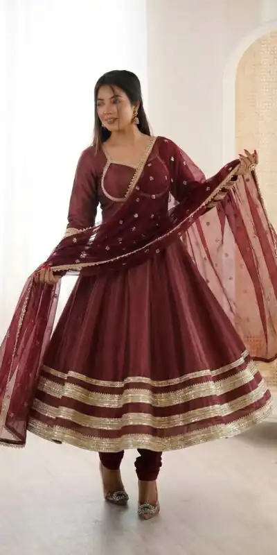 ZF 5017 Maroon Color Cosmos Gold Gown with Embroidery Work & Lace Work. Get it for ₹2099. Delivery 4-6 Working Days. Shop now. | Bollywood Gowns, Creative Gowns, Designer Gowns, Embroidered Gowns, Gowns, Party Wear Gowns