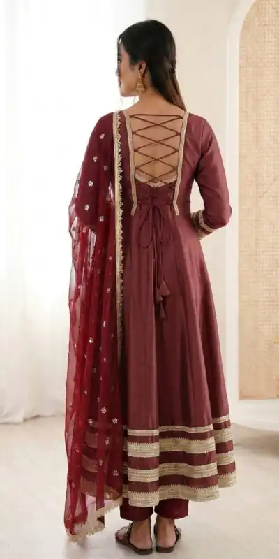 ZF 5017 Maroon Color Cosmos Gold Gown with Embroidery Work & Lace Work. Get it for ₹2099. Delivery 4-6 Working Days. Shop now. | Bollywood Gowns, Creative Gowns, Designer Gowns, Embroidered Gowns, Gowns, Party Wear Gowns