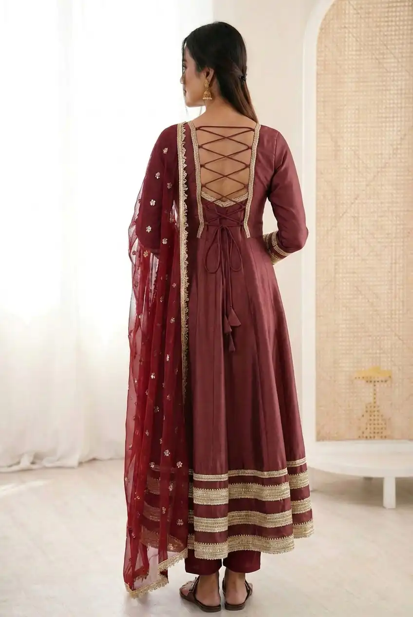 ZF 5017 Maroon Color Cosmos Gold Gown with Embroidery Work & Lace Work. Get it for ₹2099. Delivery 4-6 Working Days. Shop now. | Bollywood Gowns, Creative Gowns, Designer Gowns, Embroidered Gowns, Gowns, Party Wear Gowns