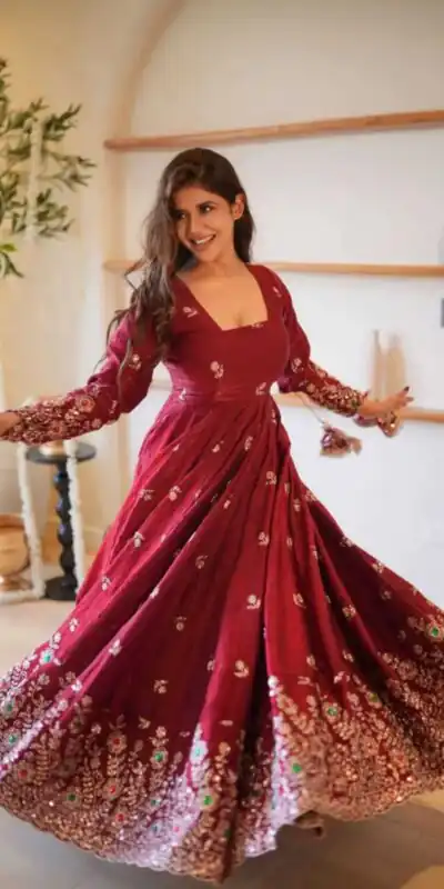 ZSR 3192 Maroon Doremon Crush Gown with Lace Work & Mirror Work. Exclusive Offer ₹2799. Delivery 4-6 Working Days. Shop now. | Bollywood Gowns, Creative Gowns, Designer Gowns, Embroidered Gowns, Gowns, Party Wear Gowns