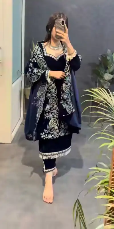 MF 486 Navy Blue Viscose Velvet Salwar Suit with Embroidery Work & Lace Work. Grab it for ₹2349. Delivery 4-6 Working Days. Shop now. | Casual Suits, Jump Suits, Creative suits, Designer Suits, Palazzo Suits, Party Wear Suits, Patiala Suits, Salwar suit, Straight Suits