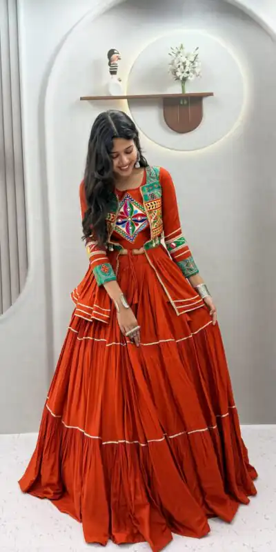 Ram 120 Orange in Pure Cotton Mirror Work & Gamthi Work Lehenga Choli . Exclusive Offer ₹3049. Delivery 4-6 Working Days. Shop now. | Bollywood Lehenga, Creative Lehenga, Designer Lehenga, Embroidered Lehenga, Lehenga, Party Wear Lehenga
