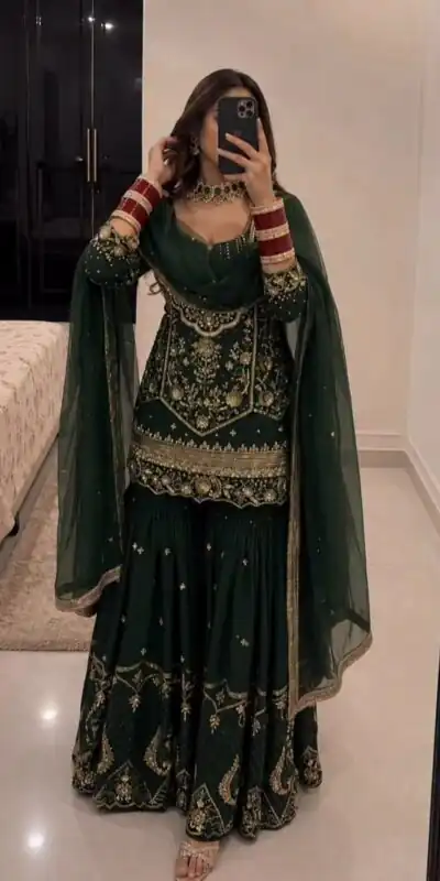 KF 1736 Green Faux Georgette Salwar Suit with Mirror Work & Embroidery Work. Get it for ₹2449. Delivery 4-6 Working Days. Shop now. | Casual Suits, Jump Suits, Creative suits, Designer Suits, Palazzo Suits, Party Wear Suits, Patiala Suits, Salwar suit, Straight Suits