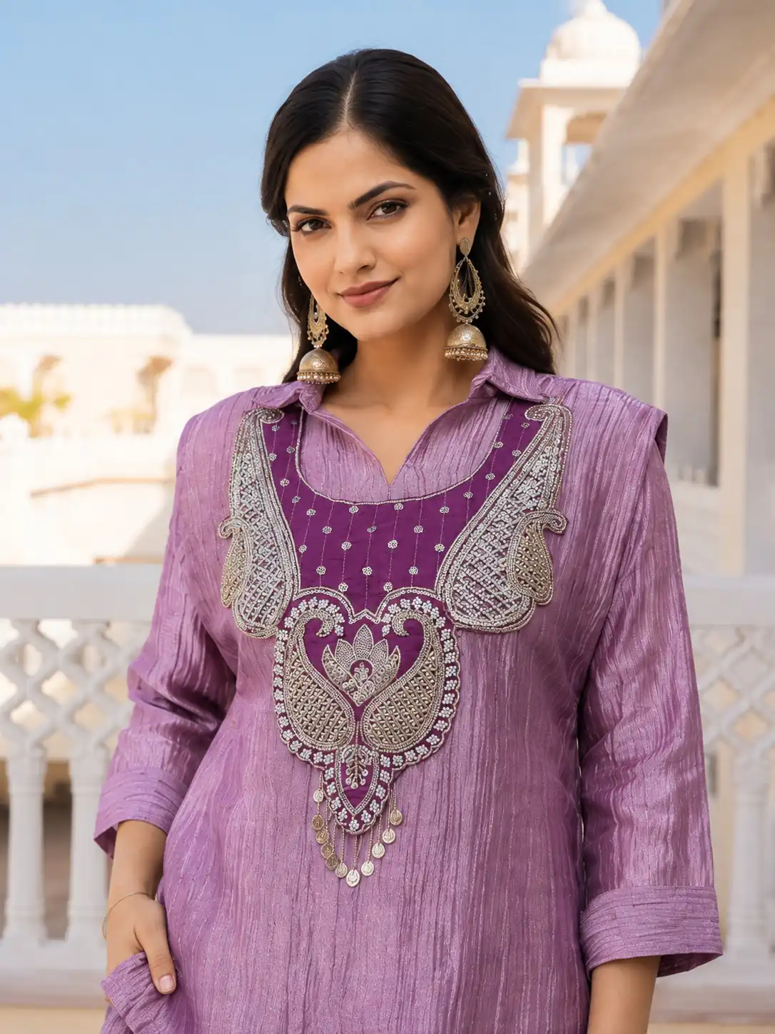 DIVA 180 Lavender Colour | Brown Salsa Silk Kurti with Hand Work. Get it for ₹2299. Delivery 4-6 Working Days. Online Shop now. | Bollywood Kurti, Creative Kurtis, Designer Kurti, Kurti, Party Wear Kurti, Selfie Kurti