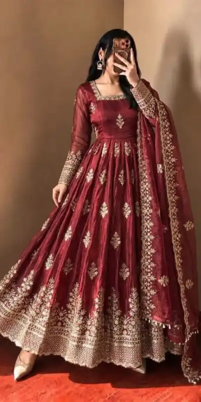 NSR 918 Maroon Fendy Silk Gown with Embroidery Work & Sequins Work. Special Price ₹2399. Delivery 4-6 Working Days. Shop now. | Bollywood Gowns, Creative Gowns, Designer Gowns, Embroidered Gowns, Gowns, Party Wear Gowns