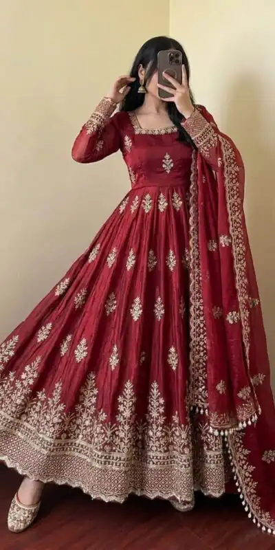 NSR 918 Maroon Fendy Silk Gown with Embroidery Work & Sequins Work. Special Price ₹2399. Delivery 4-6 Working Days. Shop now. | Bollywood Gowns, Creative Gowns, Designer Gowns, Embroidered Gowns, Gowns, Party Wear Gowns