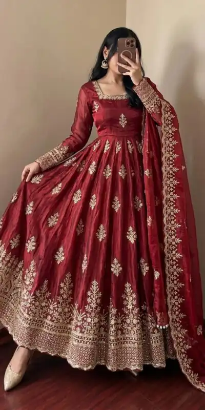 NSR 918 Maroon Fendy Silk Gown with Embroidery Work & Sequins Work. Special Price ₹2399. Delivery 4-6 Working Days. Shop now. | Bollywood Gowns, Creative Gowns, Designer Gowns, Embroidered Gowns, Gowns, Party Wear Gowns