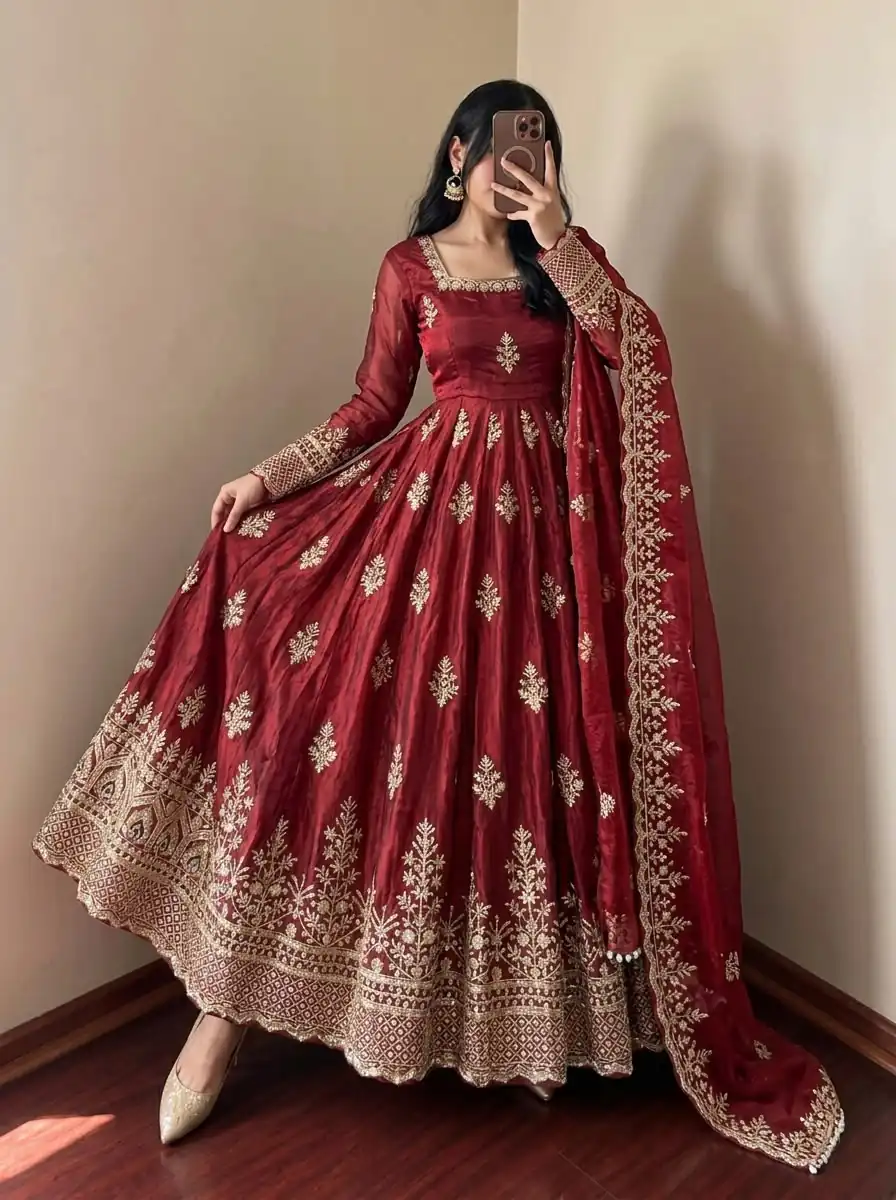 NSR 918 Maroon Fendy Silk Gown with Embroidery Work & Sequins Work. Special Price ₹2399. Delivery 4-6 Working Days. Shop now. | Bollywood Gowns, Creative Gowns, Designer Gowns, Embroidered Gowns, Gowns, Party Wear Gowns