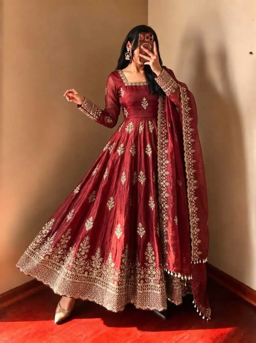 NSR 918 Maroon Fendy Silk Gown with Embroidery Work & Sequins Work. Special Price ₹2399. Delivery 4-6 Working Days. Shop now. | Bollywood Gowns, Creative Gowns, Designer Gowns, Embroidered Gowns, Gowns, Party Wear Gowns