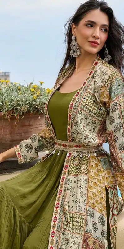 FC 20034 Mehendi Crepe Silk Shrug Suit Perfect for Wedding, Party, Festival Celebrations, Holi, Pooja – . Introductory Price ₹3049. Delivery 4-6 Working | Casual Suits, Jump Suits, Creative suits, Designer Suits, Palazzo Suits, Party Wear Suits, Patiala Suits, Salwar suit, Straight Suits