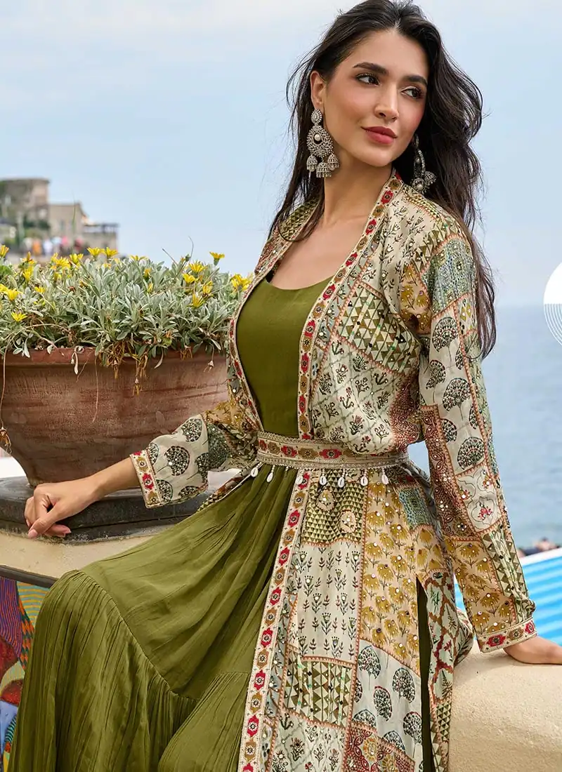 FC 20034 Mehendi Crepe Silk Shrug Suit Perfect for Wedding, Party, Festival Celebrations, Holi, Pooja – . Introductory Price ₹3049. Delivery 4-6 Working | Casual Suits, Jump Suits, Creative suits, Designer Suits, Palazzo Suits, Party Wear Suits, Patiala Suits, Salwar suit, Straight Suits