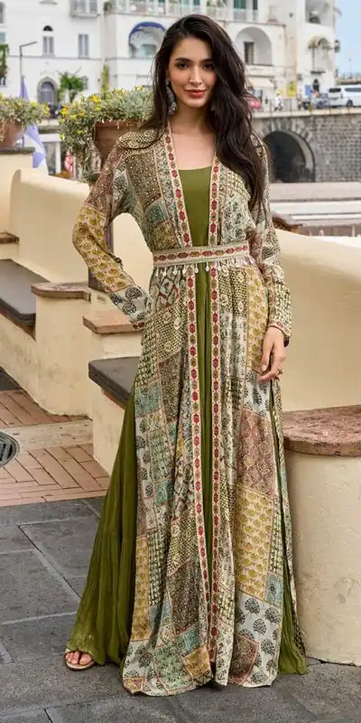 FC 20034 Mehendi Crepe Silk Shrug Suit Perfect for Wedding, Party, Festival Celebrations, Holi, Pooja – . Introductory Price ₹3049. Delivery 4-6 Working | Casual Suits, Jump Suits, Creative suits, Designer Suits, Palazzo Suits, Party Wear Suits, Patiala Suits, Salwar suit, Straight Suits